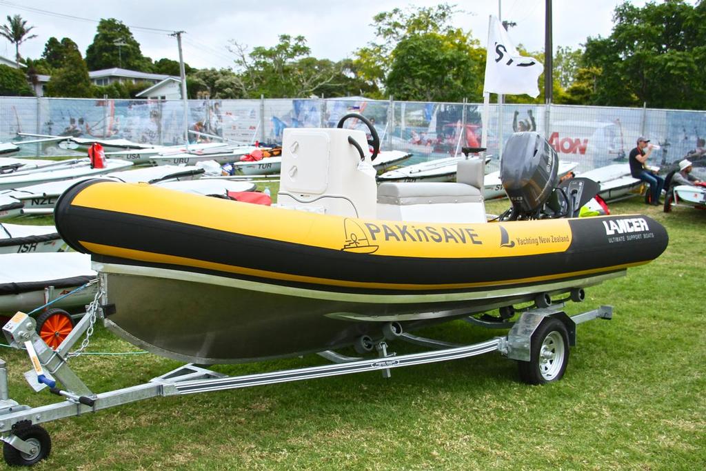 New Lancer coach boat - Aon Youth Worlds 2016, Torbay, Auckland, New Zealand © Richard Gladwell www.photosport.co.nz